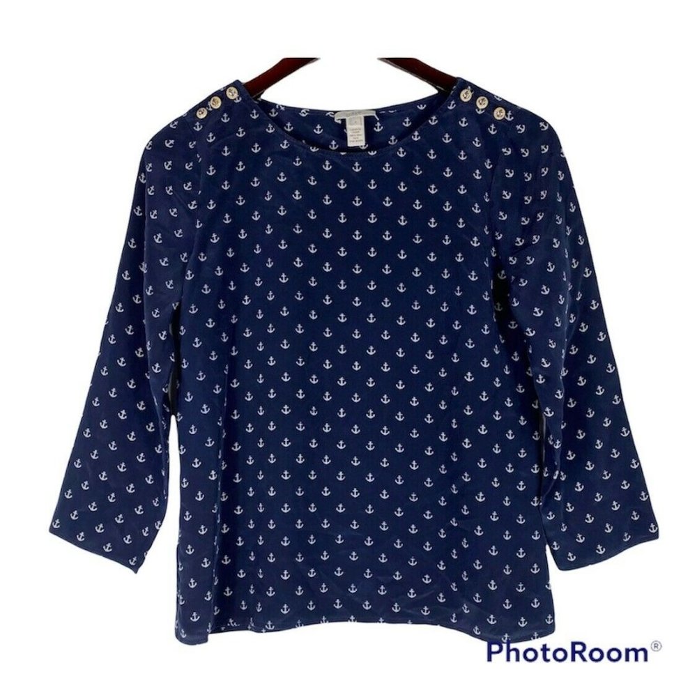 J.Crew Shirt Top Tunic Blouse 6 Medium Anchors 100% Silk Navy Blue Nautical - Picture 2 of 4